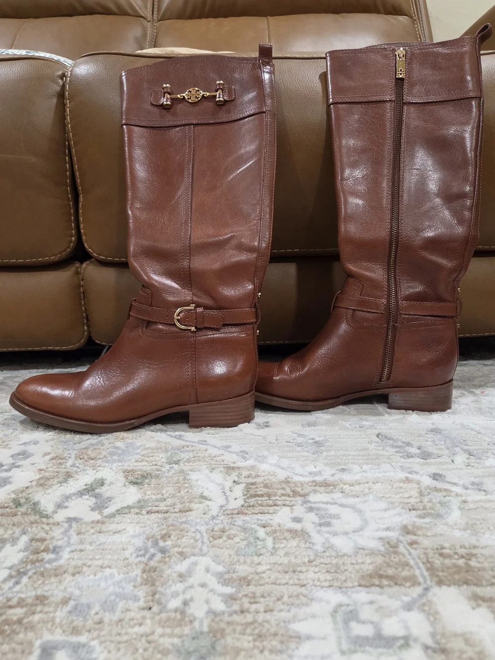 Tory Burch Cognac Leather Tall Riding Boots - Gold Hardware Size 8